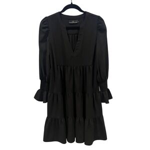Pomander Place Black Tiered Mini Dress‎ Long Sleeve Smocked Cuffs Size Small